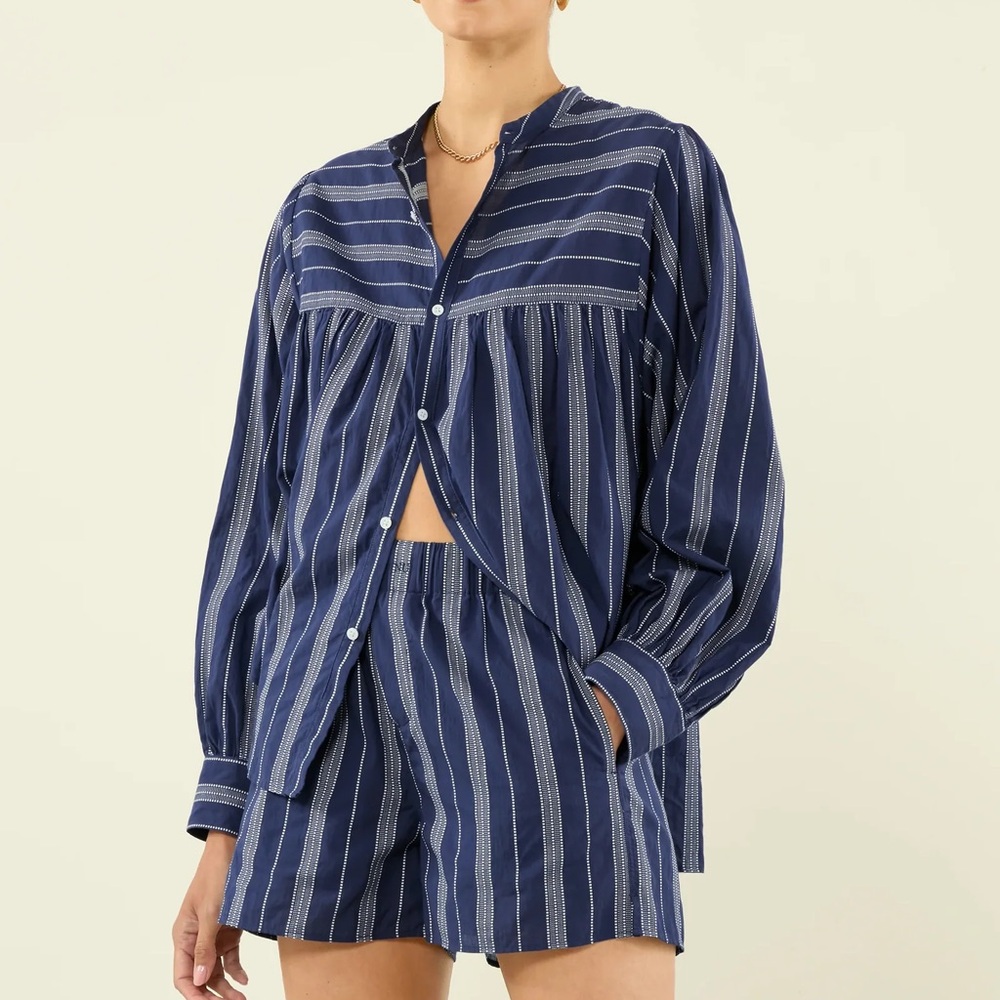 WNU With Nothing Underneath Daphne Shirt and Shorts Set - Navy and White Stripe